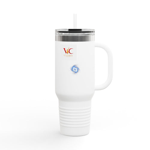 40oz Insulated Travel Mug – White Tumbler with Handle & Straw (Spiral Accent)