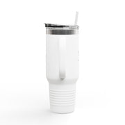 40oz Insulated Travel Mug – White Tumbler with Handle & Straw (Spiral Accent)